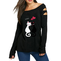 Womens Slash Shoulder Cat Love Blouse